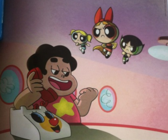 RiseFallNickBck's tweet photo. Steven Universe AND The Powerpuff Girls will be returning to Cartoon Network's schedule starting April 12th! Airing after new episodes of Iyanu and Teen Titans GO at 10 and 10:30AM EST!

Love to see more variety back, and in honor of the occasion, enjoy this crossover art from a CN LA Comic that I love reminding people existed!