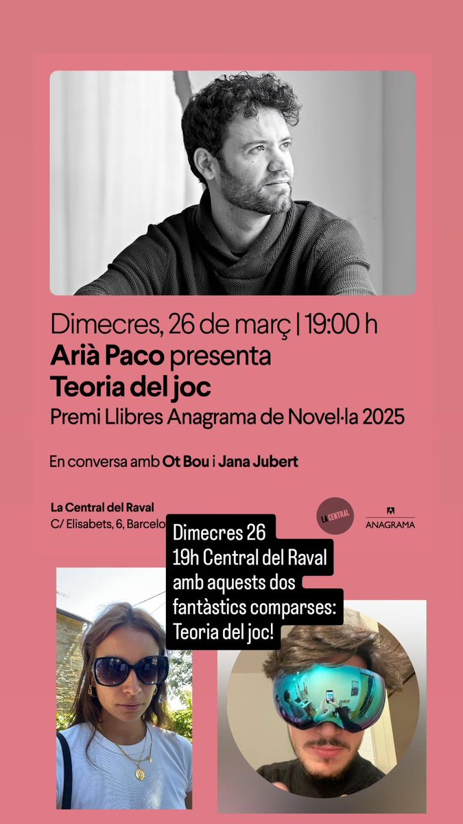 Arià Paco (@entusiasmat) on Twitter photo Dimecres 26 torna el bon temps (potser) i presentem Teoria del joc a les 19h a <a href="/La_Central_/">La Central</a> del Raval (segur). Amb l'<a href="/otbouc/">Ot Bou i Costa</a> i l'<a href="/emperadriu_/">Jana</a>. Veniu-hi! Acollirem el misteri i parlarem d'amor, desig, culpa, i homes per dins. Crec. Dimecres 26 torna el bon temps (potser) i presentem Teoria del joc a les 19h a <a href="/La_Central_/">La Central</a> del Raval (segur). Amb l'<a href="/otbouc/">Ot Bou i Costa</a> i l'<a href="/emperadriu_/">Jana</a>. Veniu-hi! Acollirem el misteri i parlarem d'amor, desig, culpa, i homes per dins. Crec.