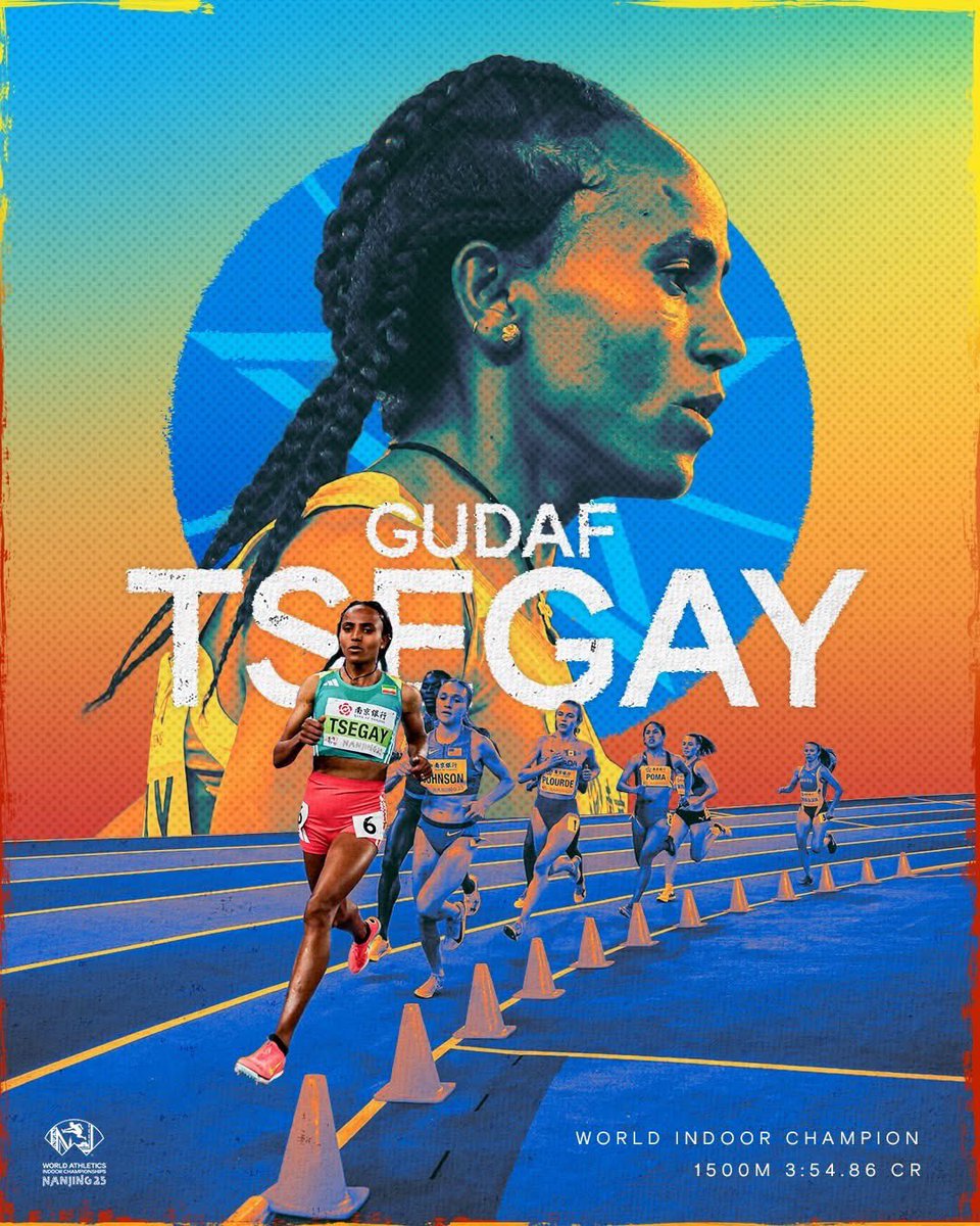 tadeleassefa's tweet image. The pride of Ethiopia 🇪🇹

Gudaf Tsegay dominates the 1500m to reclaim her title from 2022 

She wins in a championship record of 3:54.86, over 4.5 seconds ahead of compatriot Diribe Welteji 

This is the 4th time in a row an Ethiopia wins this event 

#WorldIndoorChamps #Ethiopia