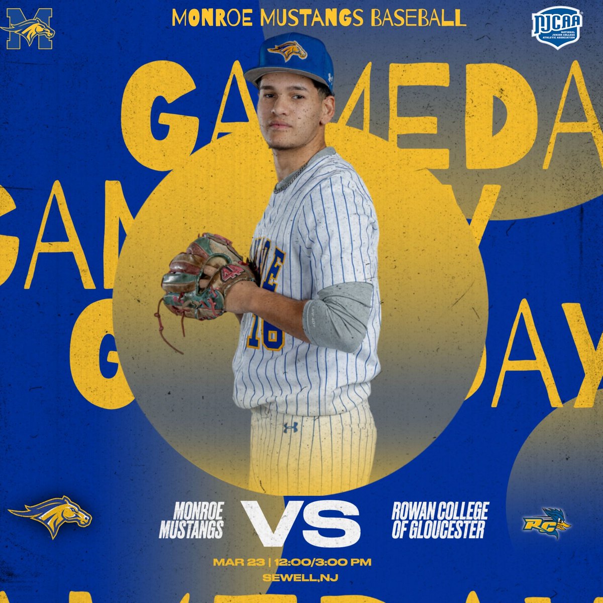 GAMEDAY!

@monroemustangsbaseball is down in Jersey to take on Rowan College South Jersey-Gloucester!

🕛: 12:00/3:00 PM (DH)
📍: Sewell, NJ
📺: rcroadrunners.com/watch-live

#GoHereGrowHere