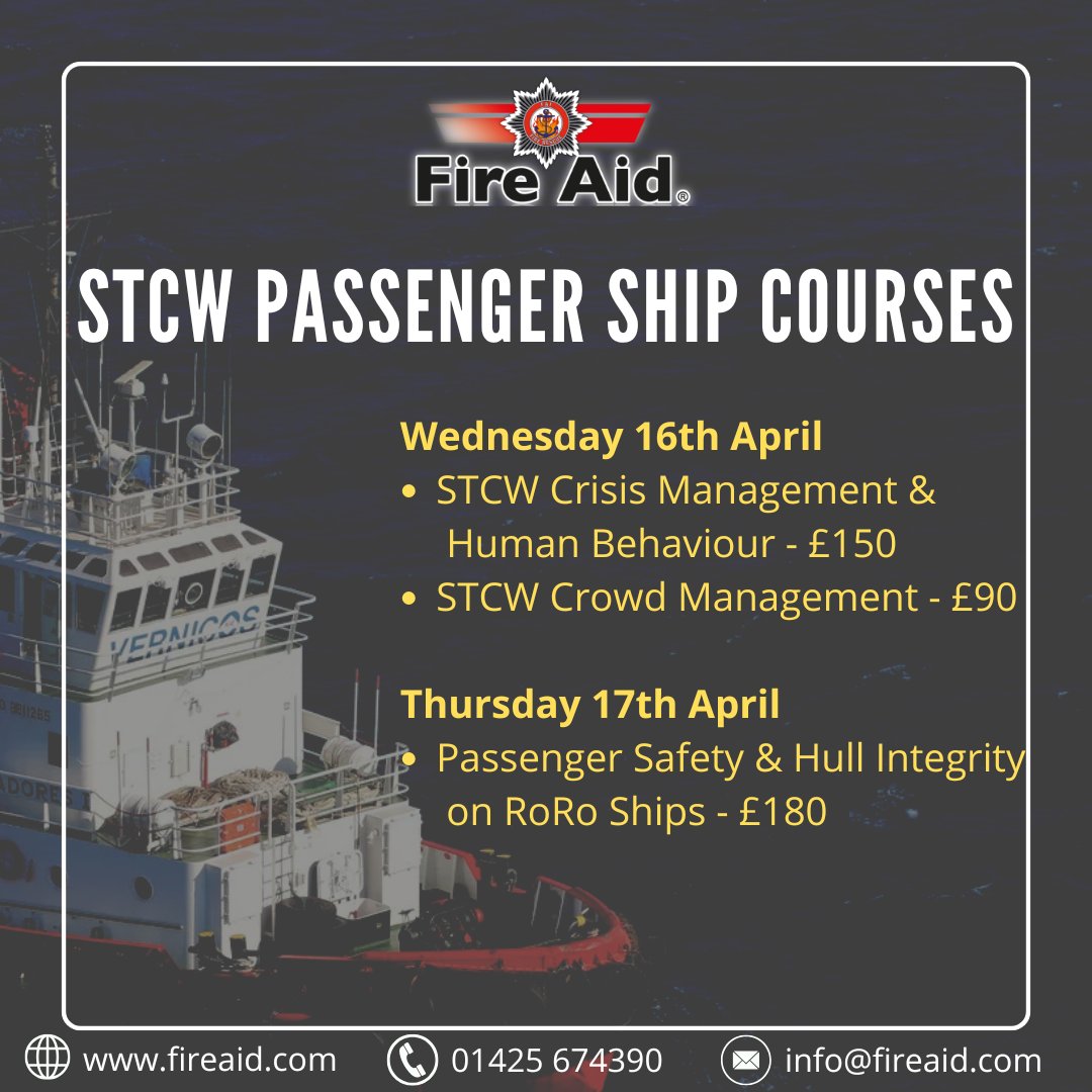We have scheduled some additional STCW Passenger Ship courses but be quick as spaces are restricted!

🌐 fireaid.com
☎️ 01425 674390
📧 info@fireaid.com

#STCW #stcwcourses #maritimetraining #crisismanagement #crowdmanagement #paxsafety #passengership
