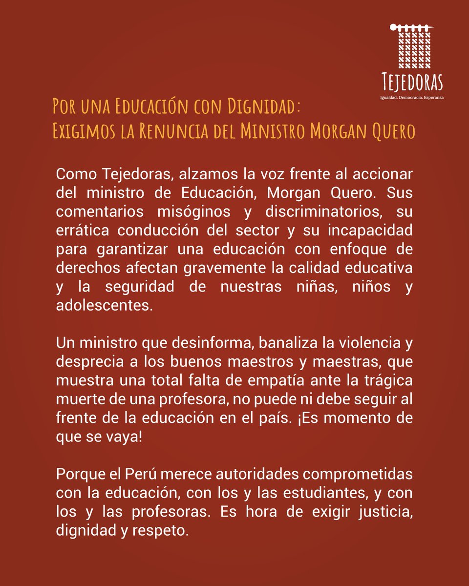 📢 Exigimos la renuncia de Morgan Quero. Su misoginia y mala gestión afectan la educación y la seguridad de estudiantes y docentes. 
¡Basta ya!

#RenunciaQuero