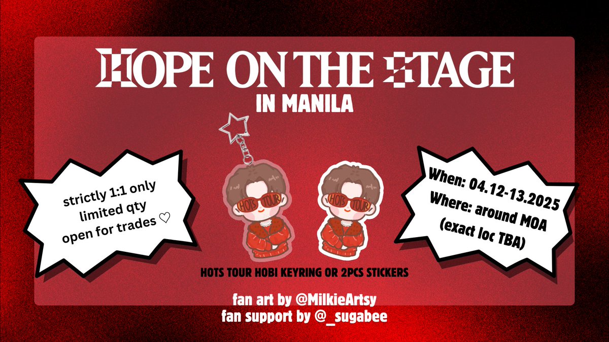 #HOPE_ON_THE_STAGE_TOUR_Manila 
fan support by <a href="/_sugabee/">jazzy⁷</a>
fan art by <a href="/MilkieArtsy/">Nikki ☘️✨ vgen and ko-fi</a>

☆ like &amp; rt are appreciated
☆ strictly 1:1 only; limited qty
☆ day 1 &amp; 2 (time &amp; exact loc TBA)
☆ open for trades (dm me)