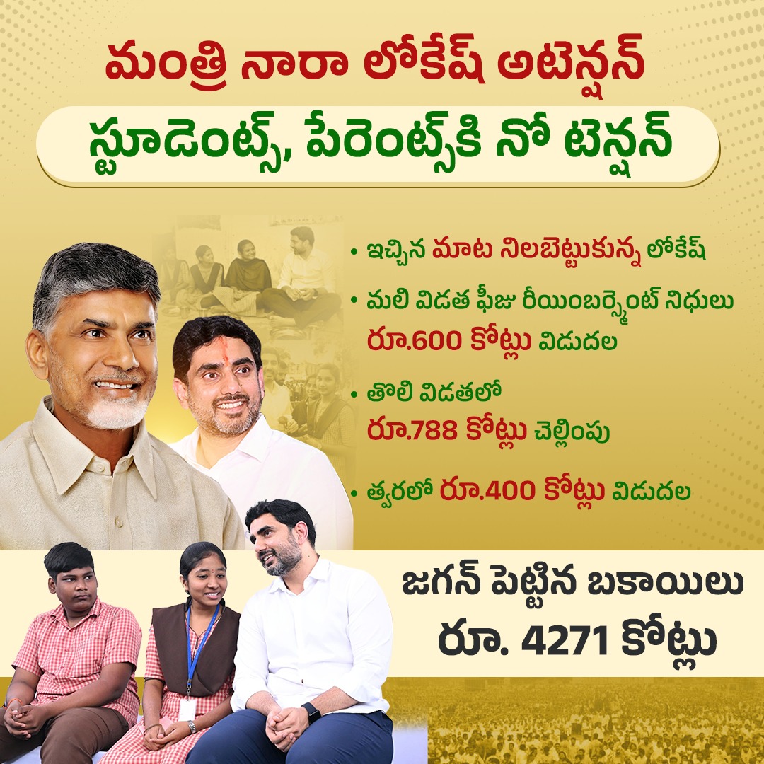 జగన్ పెట్టిన విద్యార్థుల ఫీజు రీయంబర్స్మెంట్ బకాయిలు చెల్లిస్తామని మాట ఇచ్చిన నారా లోకేష్.. మూడు విడతల్లో రూ.1788 కోట్లు నిధులు విడుదల చేయించారు. #FeeReimbursementInAP #IdhiManchiPrabhutvam #ChandrababuNaidu #NaraLokesh #AndhraPradesh manatdp.org/feedview/9870/0