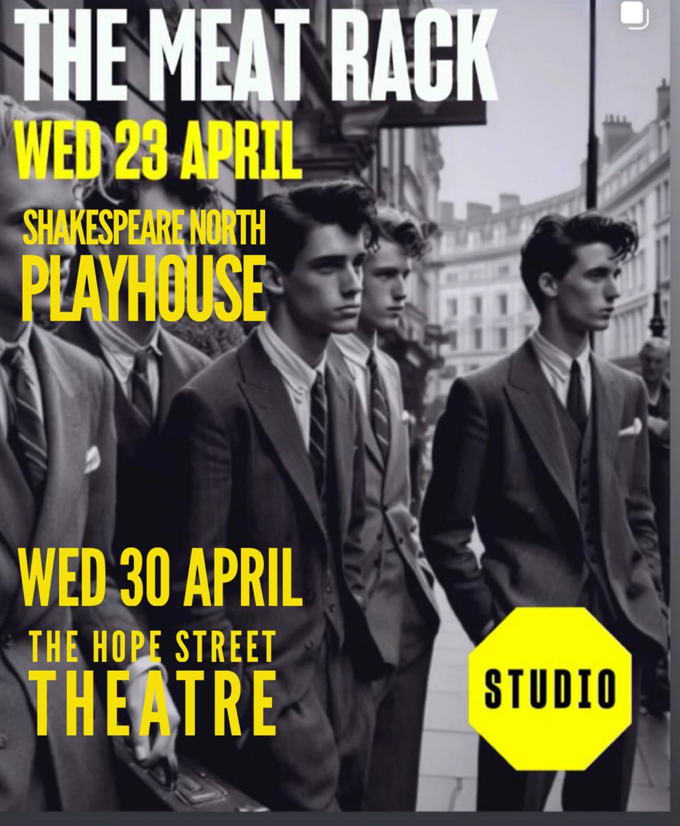 THE MEAT RACK is a dark gritty drama set in 50's London. It's about ambition, identity, &amp; denial &amp; the lengths people will go to keep their secrets 

23rdApril Shakespeare North 
shakespearenorthplayhouse.co.uk/event/the-meat…
30th April 
Hope Street Theatre 
ticketquarter.co.uk/Online/article…