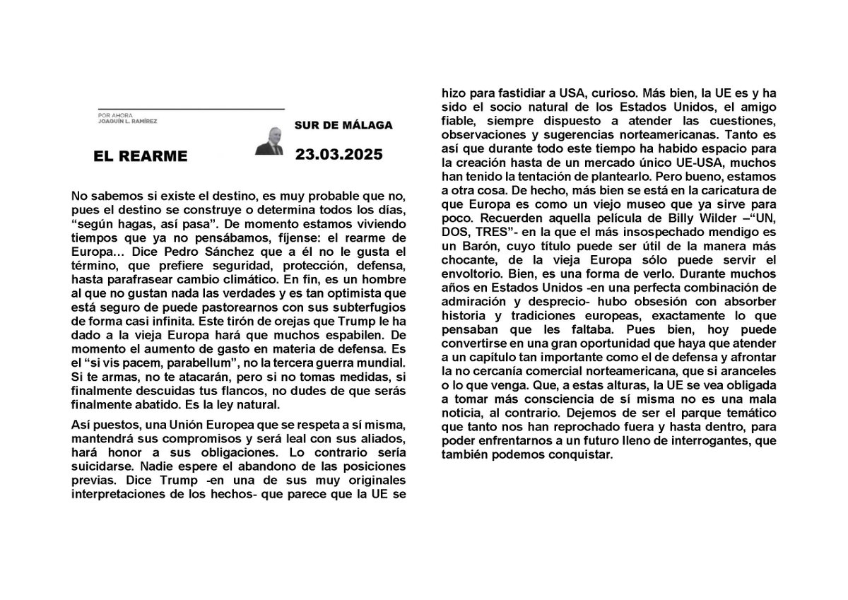 Efectivamente <a href="/JoaquinRamirez/">Joaquín L. Ramírez ❄️</a> , la decisión de Trump ha sido un acicate para que #Europa impulse su defensa y seguridad que solo se puede hacer con "rearme". Este sería más eficaz con una política de seguridad y defensa común, y un Ejército común, con una Constitución Europea.