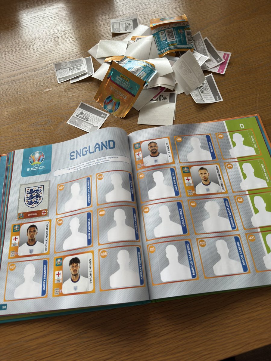 madsean86's tweet image. Just started doing the Euro 2020 sticker book for my lad who was born on the evening of the final, 98 stickers in so far and no dupes! How many more packets in do you think I can get done before our first dupe?