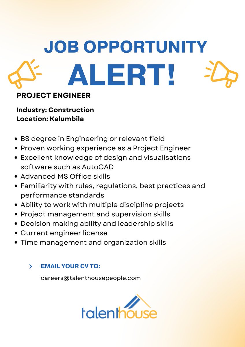 TalentHouseZM's tweet photo. Are you a skilled engineer with a passion for project management? Join our client's team that is looking for a Project Engineer. Ready to take your career to the next level? Apply now!
#EngineeringJobs #ProjectEngineer #CareerOpportunity #TalenthouseZambia https://t.co/SCls7OJewD