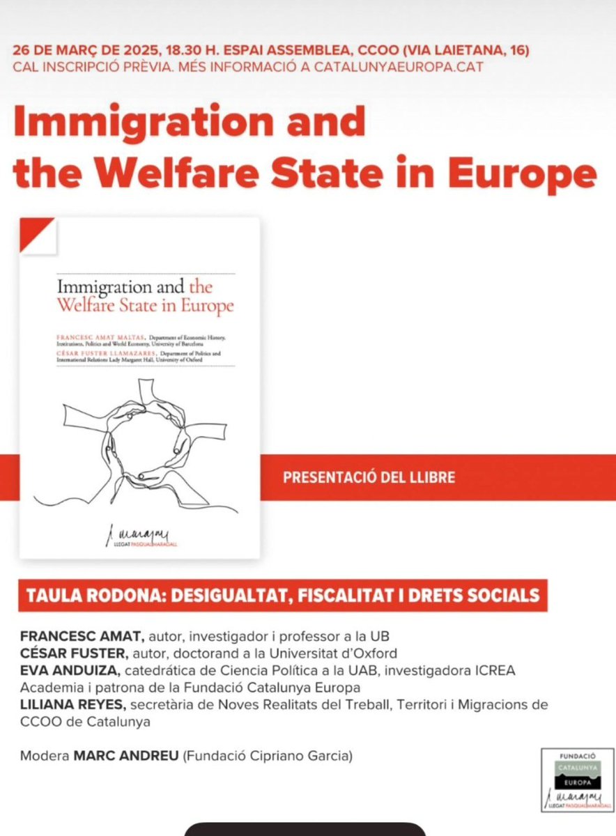 Francesc Amat (@cescamat) on Twitter photo El dimecres 26 presentarem el llibre que hem escrit amb el <a href="/LlamazaresCesar/">César Fuster Llamazares</a> (Oxford) sobre immigració i estat del benestar a Europa, editat per la Fundació <a href="/catalunyaeuropa/">Fundació Catalunya Europa</a>. Veniu!
Tota la informació de l'acte i el llibre en PDF per descarregar aquí: shorturl.at/xoCLy El dimecres 26 presentarem el llibre que hem escrit amb el <a href="/LlamazaresCesar/">César Fuster Llamazares</a> (Oxford) sobre immigració i estat del benestar a Europa, editat per la Fundació <a href="/catalunyaeuropa/">Fundació Catalunya Europa</a>. Veniu!
Tota la informació de l'acte i el llibre en PDF per descarregar aquí: shorturl.at/xoCLy