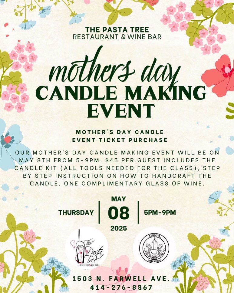 ThePastaTree's tweet image. MOTHER'S DAY CANDLE
EVENT TICKET PURCHASE
OUR MOTHER'S DAY CANDLE MAKING EVENT WILL BE ON MAY 8TH FROM 5- 9PM. $45 PER GUEST INCLUDES THE CANDLE KIT (ALL TOOLS NEEDED FOR THE CLASS), STEP BY STEP INSTRUCTION ON HOW TO HANDCRAFT THE CANDLE, ONE COMPLIMENTARY GLASS OF WINE.