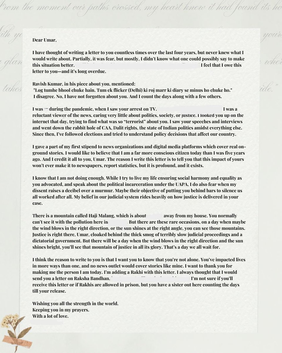 FreeUmarKhalid1's tweet image. Across cities, across prison walls—solidarity endures. Umar Khalid received this letter and rakhi in Tihar from a young Indian who refuses to forget his message.