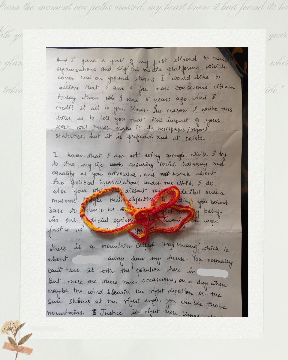 FreeUmarKhalid1's tweet image. Across cities, across prison walls—solidarity endures. Umar Khalid received this letter and rakhi in Tihar from a young Indian who refuses to forget his message.