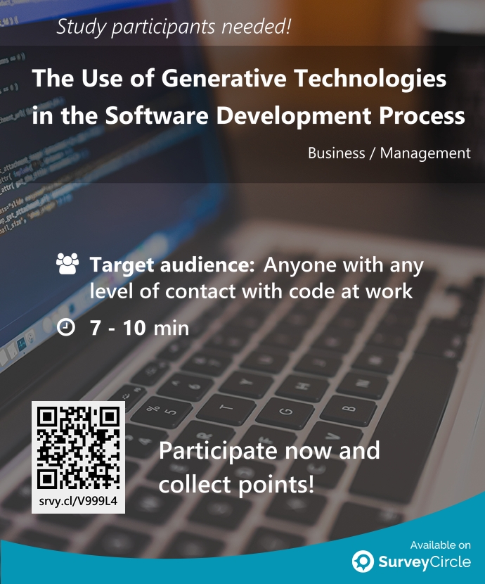 top_studies's tweet image. Participants needed for top-ranked study on SurveyCircle:
"The Use of Generative Technologies in the Software Development Process" surveycircle.com/V999L4/ via @SurveyCircle
#GenerativeAi #SoftwareDevelopment #CodingAssistance #DeveloperProductivity #survey #surveycircle