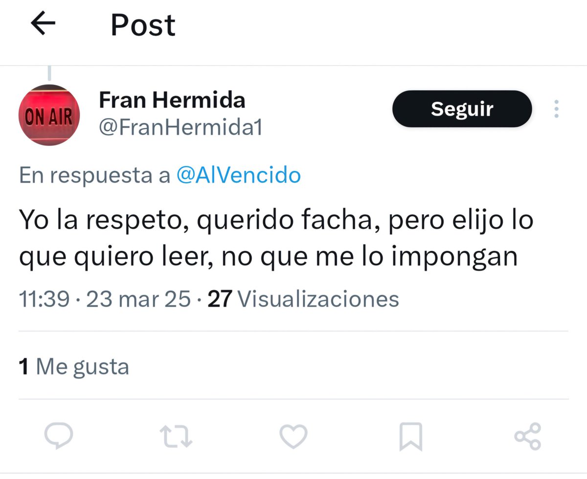 Querido amigo <a href="/FranHermida1/">Fran Hermida</a>, varias lecciones y gratuitas.

1. La humildad es virtud. Mírese al espejo antes de juzgar a los demás.

2. Fascista es aquel que bloquea las respuesta a sus mediocres tuits, por su falta de argumentos.

3. Bloquéeme cómo buen adolescente que es.