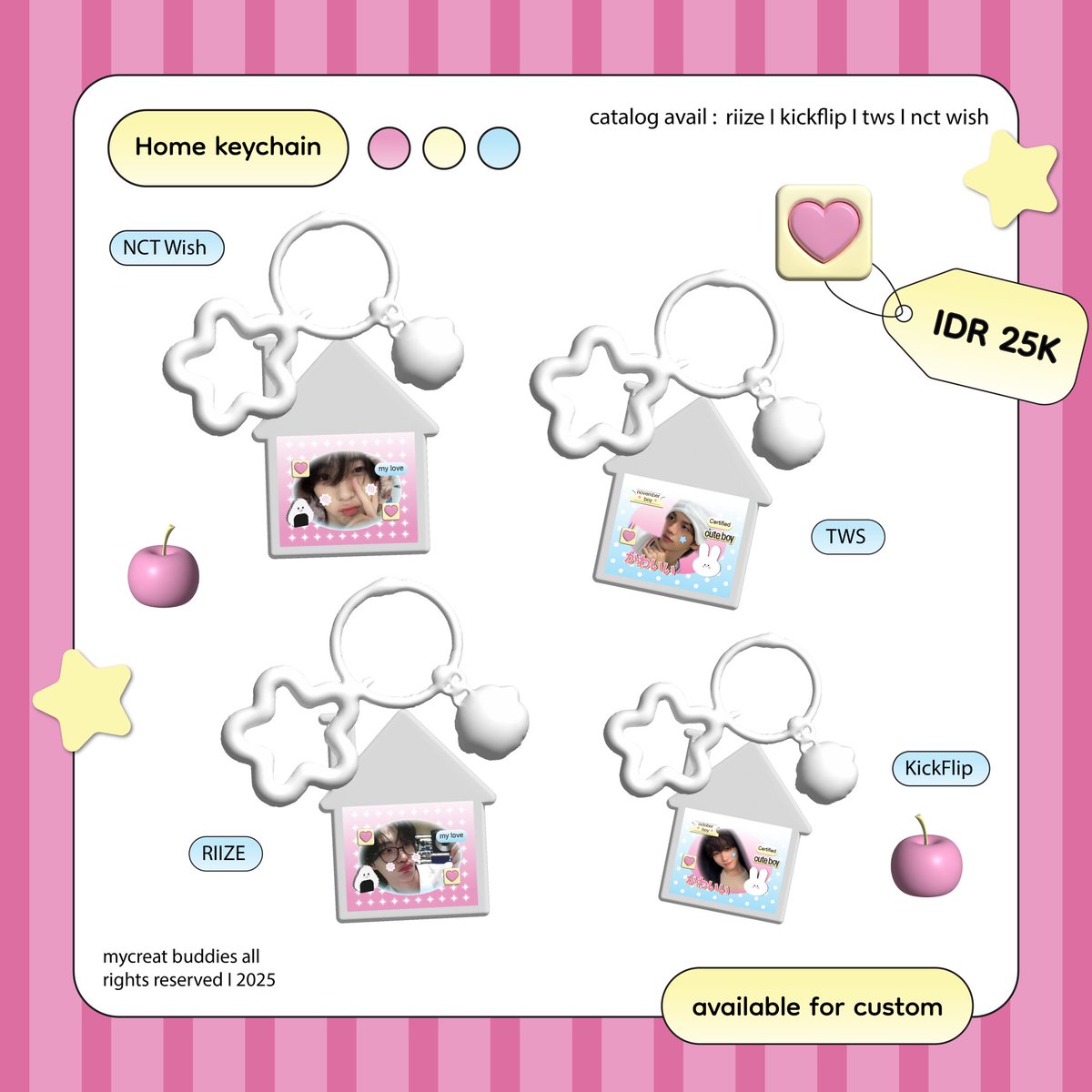 mycreatbuddies's tweet photo. RT and like are highly appreciated ]

⋆౨ৎ˚⟡˖ ࣪ OPEN PRE ORDER Home Keychain

○ PO period : 23 maret-7 april 
○ Form order :https://t.co/uBv2fYAyZq
°• 🌎 open for WW GO order thru dm 

♡ avail : TWS, NCT Wish, KickFlip, Riize 
Avail for custom ♡ https://t.co/U1ZRSL0oSM