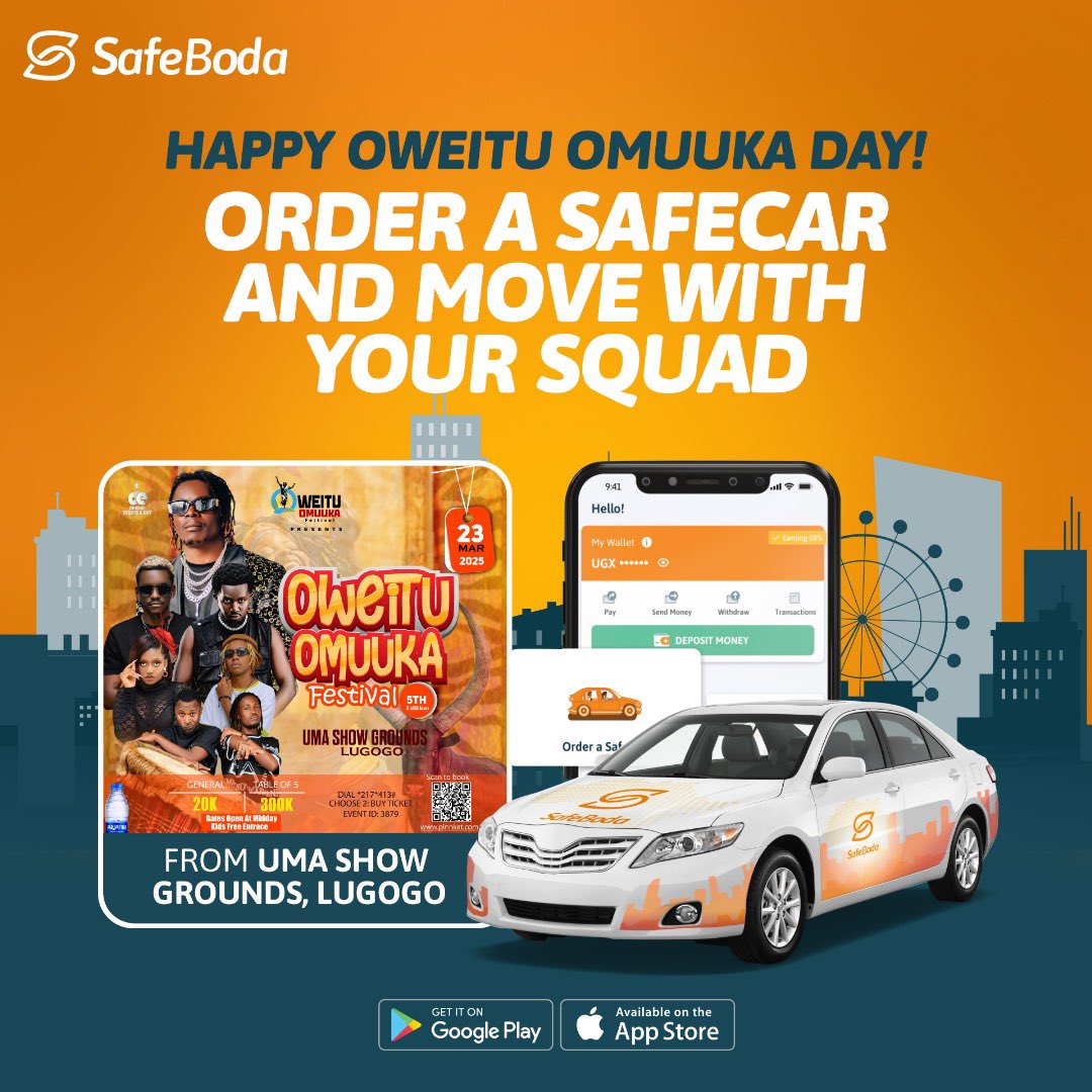 kare bantumwe Mwije mwenaa
<a href="/SafeBoda/">SafeBoda</a> has made squad movements to <a href="/OweituOmukaFest/">Oweitu Omuuka Festival</a> easy and affordable with Safecar.