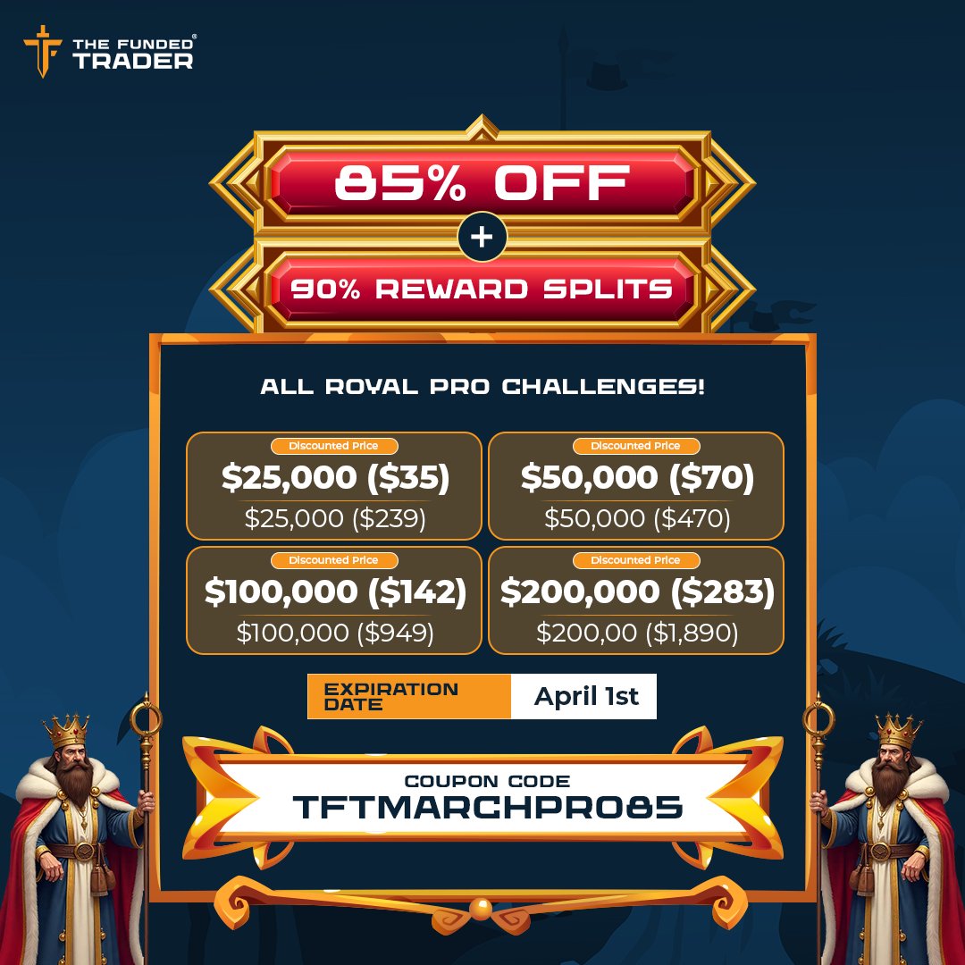 thefundedtrader's tweet image. Exciting new promotions just launched! Enjoy up to 85% OFF and 90% Reward Splits on your favorite challenges. 👑⚔️

👑 TFTMARCHPRO85 👑
Discount Amount: 85% OFF
Funded Account Reward Split: 90% All Reward Splits (VIP Program Unlocks up to 95%)
Challenge Types: Royal Pro
Account…