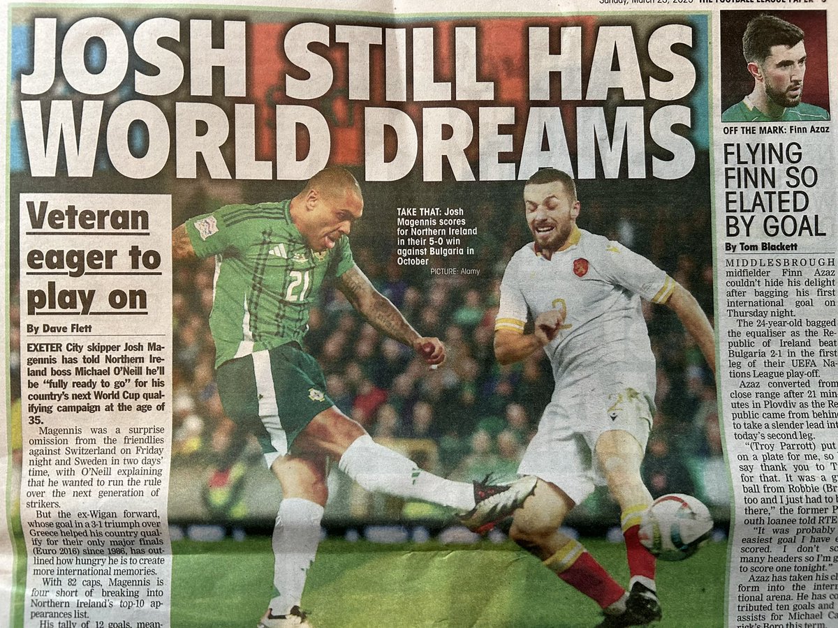 Dave Flett (@daveflettpress) on Twitter photo One for <a href="/NorthernIreland/">Northern Ireland</a> and <a href="/OfficialECFC/">Exeter City FC</a> fans. I spoke to Josh Magennis about how hungry he is to be part of the Green and White Army’s World Cup qualifying campaign at 35 after being left out of the latest squad. Full story in <a href="/TheLeaguePaper/">The Football League Paper</a> - in shops now. #GAWA #ECFC One for <a href="/NorthernIreland/">Northern Ireland</a> and <a href="/OfficialECFC/">Exeter City FC</a> fans. I spoke to Josh Magennis about how hungry he is to be part of the Green and White Army’s World Cup qualifying campaign at 35 after being left out of the latest squad. Full story in <a href="/TheLeaguePaper/">The Football League Paper</a> - in shops now. #GAWA #ECFC