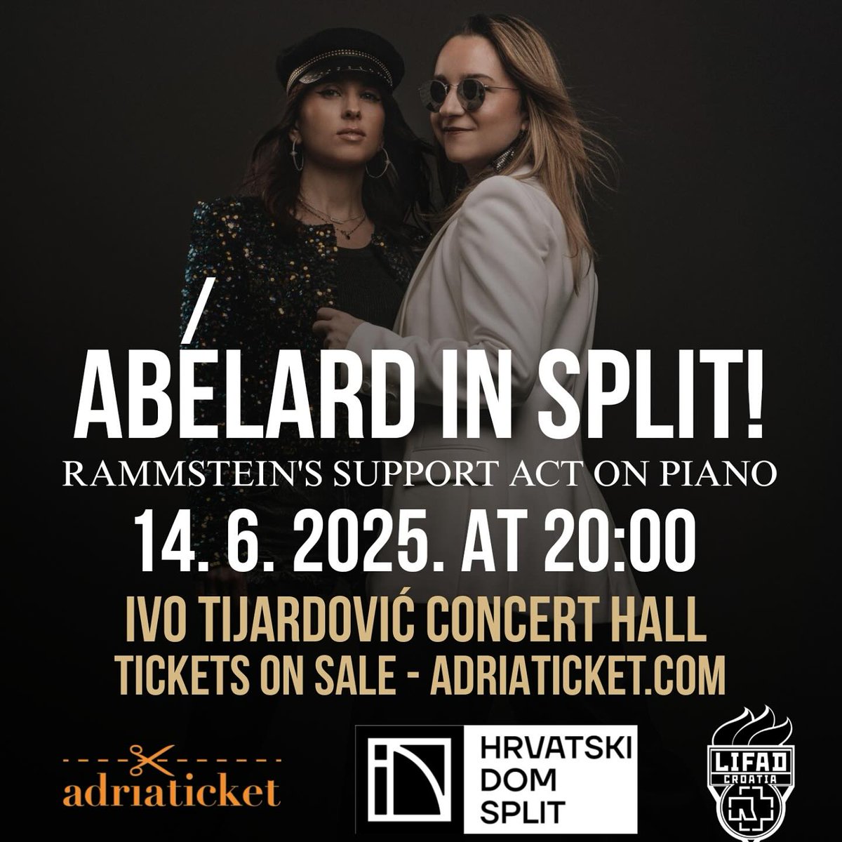 #Rammstein Stadium Tour Support Act #Abélard is giving an exclusive piano concert in Split, Croatia on June 14, 2025 at the Tijardovic Concert Hall (Koncertna dvorana Ive Tijardovića - Hrvatski dom Split) 
Get your tickets now!
shop.adriaticket.com/event-details/…