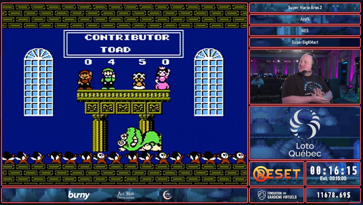 Hourra SuperBigKMart pour ta brillante performance lors de Super Mario Bros 2. Soyez prêt(e) pour Archipelago Showcase à venir. | Congratulations, SuperBigKMart for the successful Super Mario Bros.2. Up next Archipelago Showcase⏱️#speedrun #marathon #charity #noreset