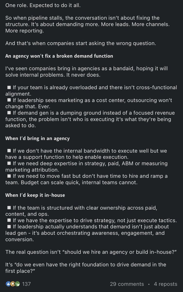 “hire an agency or build in-house”

saw this interesting post on Linkedin that addresses this conversation.
