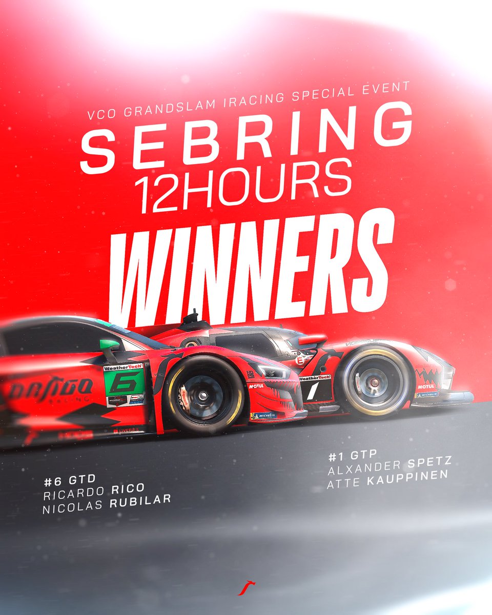 🐉 Hard work paid off! What a way to make a double win in Sebring 12H!

🏆 Ricardo, Nicolas, Atte &amp; Alxander are the winners of iRacing Sebring 12H!

Huge thanks to everyone involved in this result and to our mega strategist for the perfect race execution!