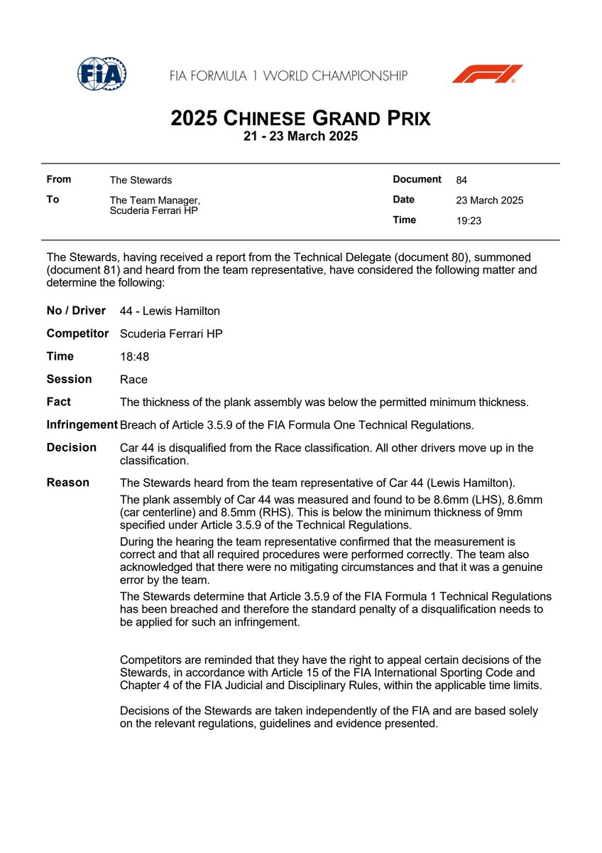 fia's tweet image. DOC 84 - Infringement - Car 44 - Technical non-compliance (Plank Assembly) fia.com/documents #ChineseGP #F1 #FIA