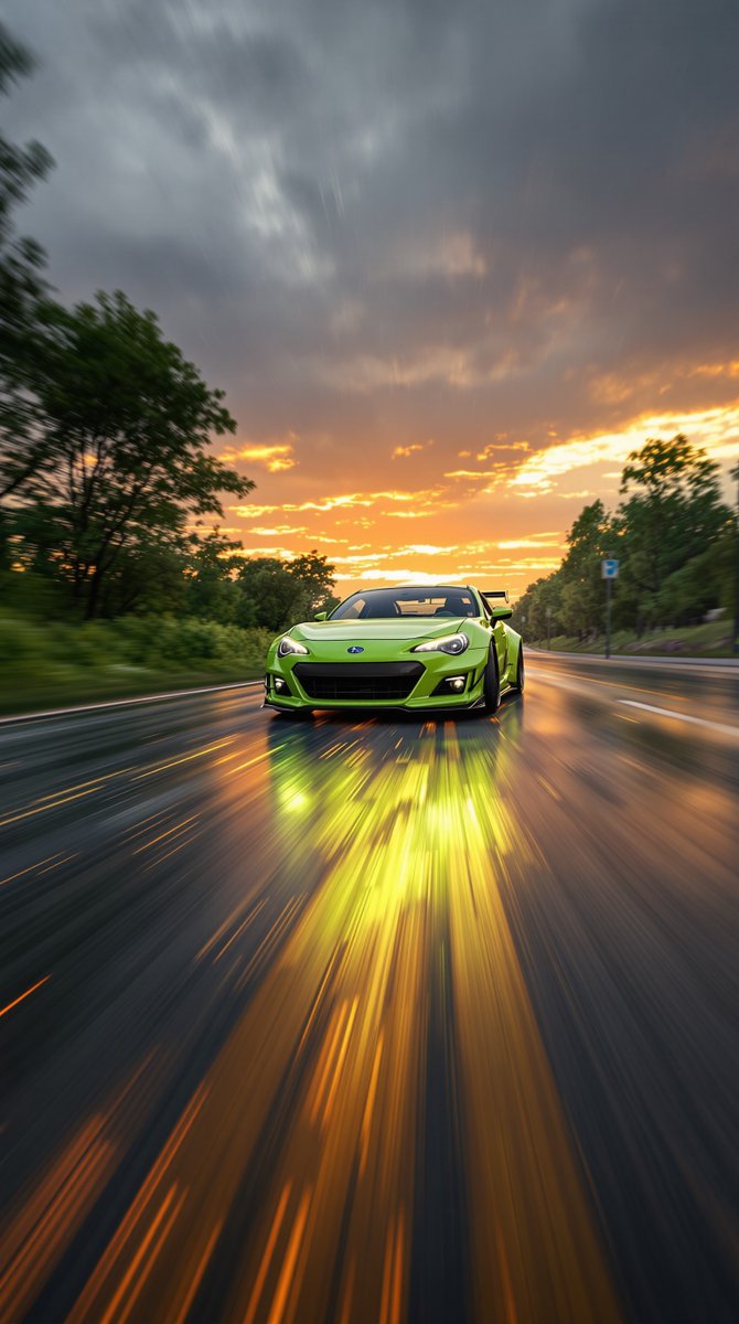 Gm gm gm! Happy Monday (still not my favorite day lol)

Inspired by limedbrz’s IRL 2015 Subaru BRZ. 🟩
Neon paint. Wet pavement. Built for presence.
⠀⠀
AI meets tuner culture — had to show love to a real one.