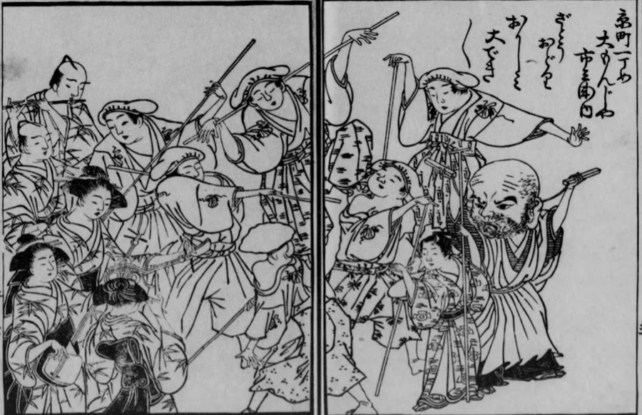 「明月余情」に描かれた大文字屋市兵衛(右端の大頭)の座頭踊り。
こうして見ると「かぼちゃ」のあだ名は外見だったのだろうか。
#べらぼう 