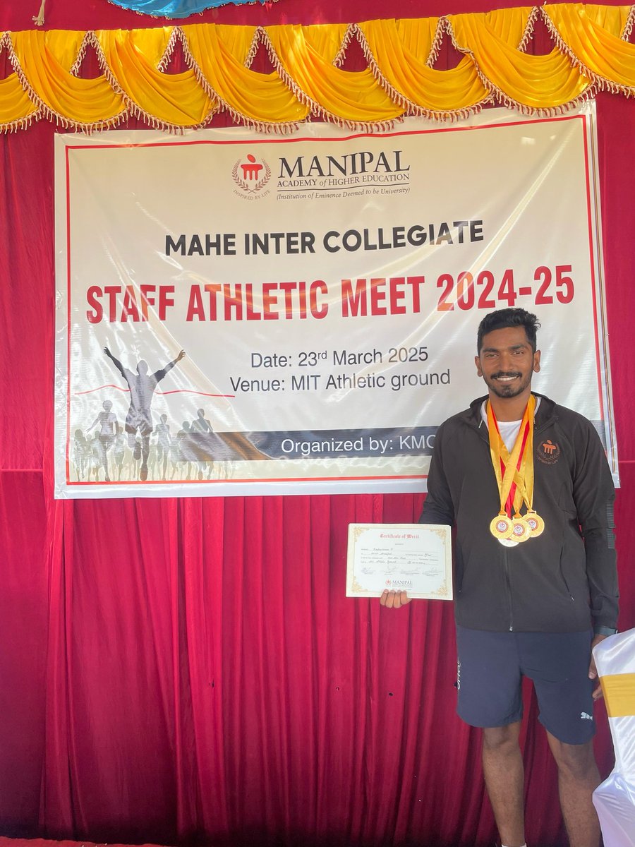 Occupational Therapy at MCHP, MAHE, Manipal (@ot_mchp_mahe) on Twitter photo Congratulations ๐ Keshavaram P faculty <a href="/OT_MCHP_MAHE/">Occupational Therapy at MCHP, MAHE, Manipal</a> for achievements in Staff Athletic Meet 24-25.
1) 1500m - 1st
2) 400m - 2nd
3) 200m - 1st
4) 100m - 1st Congratulations ๐ Keshavaram P faculty <a href="/OT_MCHP_MAHE/">Occupational Therapy at MCHP, MAHE, Manipal</a> for achievements in Staff Athletic Meet 24-25.
1) 1500m - 1st
2) 400m - 2nd
3) 200m - 1st
4) 100m - 1st