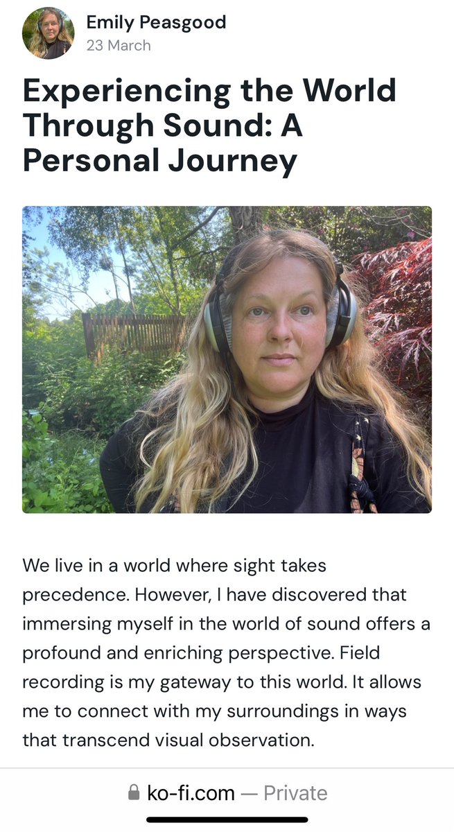 My latest Ko-Fi blog is about why I love field recording so much. And what I think is the reason I work in sound. The link is below, if you’d like to read it. #soundartist #fieldrecording #composerlife #fieldrecordist #artist 

ko-fi.com/post/Experienc…