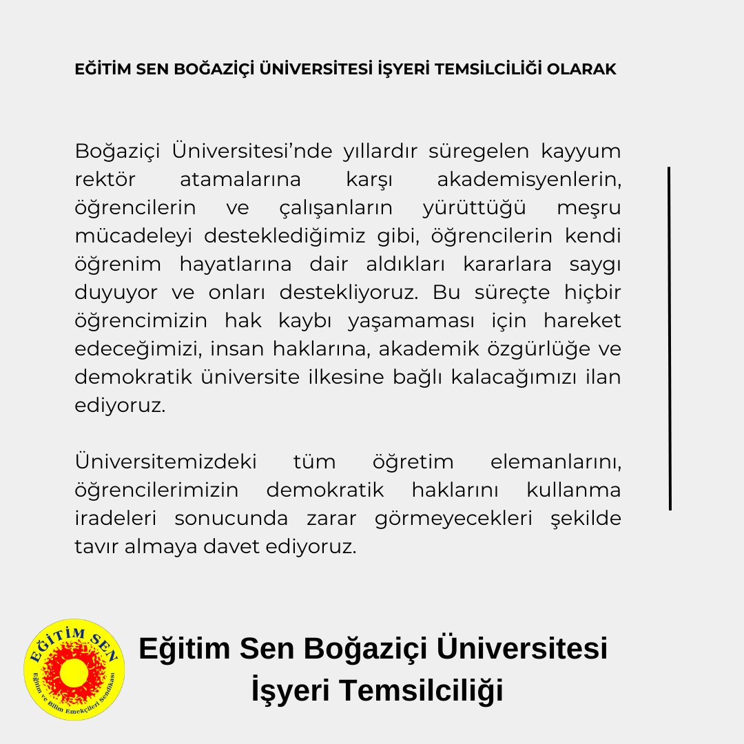 Eğitim Sen Boğaziçi Üniversitesi İşyeri Temsilciliği olarak  

Üniversitemizdeki tüm öğretim elemanlarını, öğrencilerimizin demokratik haklarını kullanma iradeleri sonucunda zarar görmeyecekleri şekilde tavır almaya davet ediyoruz.

x.com/egitimsenboun/…
