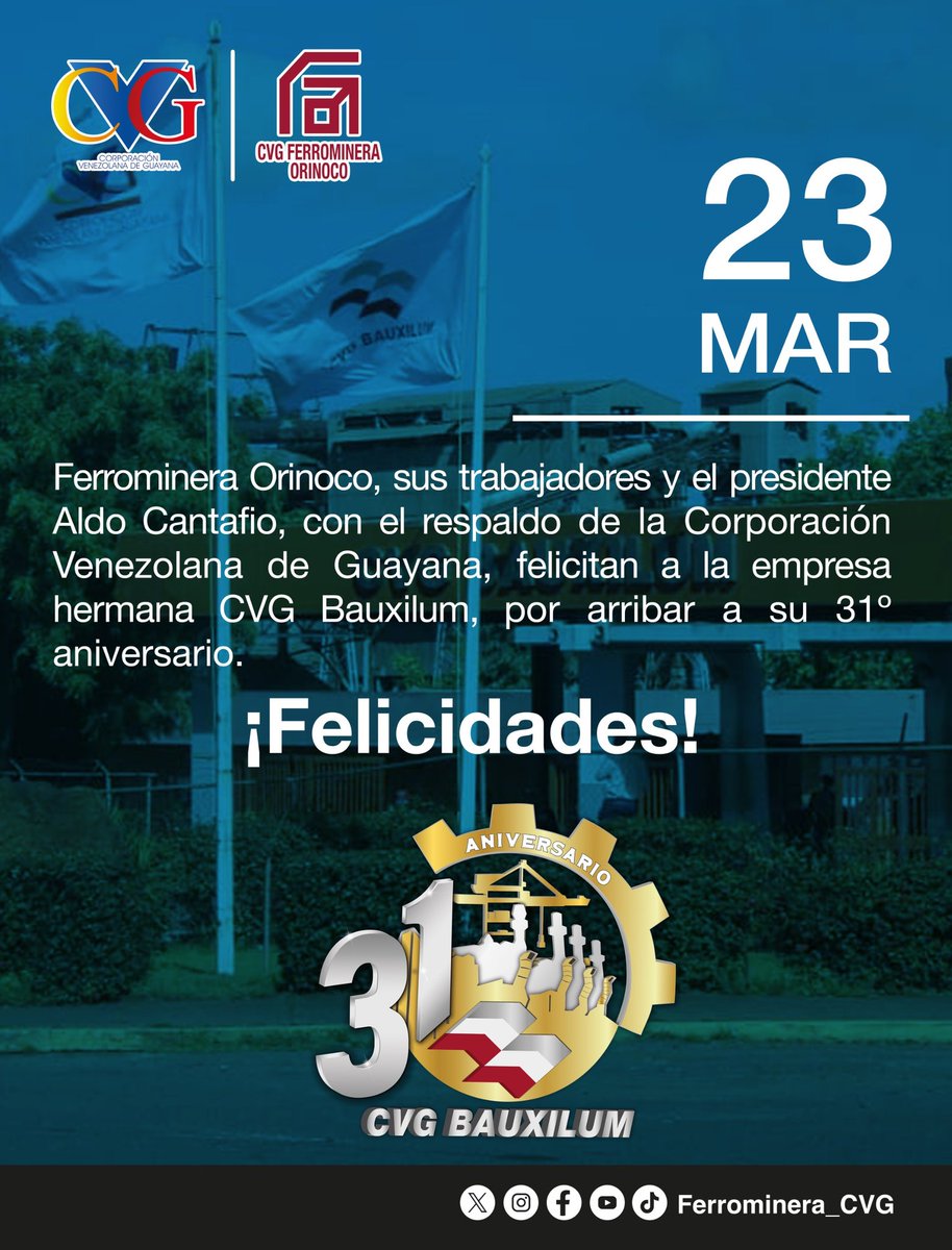 Ferrominera_CVG's tweet image. #Aniversario @Ferrominera_CVG y su presidente @AldoCantafioFMO felicitan a la empresa hermana @Bauxilum_CVG en su aniversario. Más de 3 décadas contribuyendo al desarrollo económico y productivo de la Patria. #Bauxita  #Aluminio #empresasbasicas #Bolívar