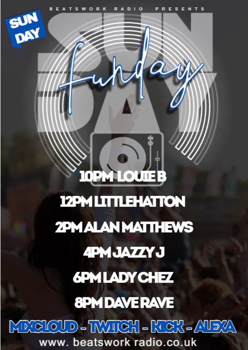 alanmatthews447's tweet photo. It’s Funday Sunday. Change in the line up today. Dj Louie B tiil 1pm 
1pm till 4 Alan Matthews 
4pm till 6pm Jazzy J 
6pm till 8pm (TBA)
8pm till 10pm Dave The Rave 
I will be taken you back to those 80’s 90’s House Tracks that we have Forgotten about. 
@highlight
BeatsworkRadio https://t.co/iNZWW4lg7e