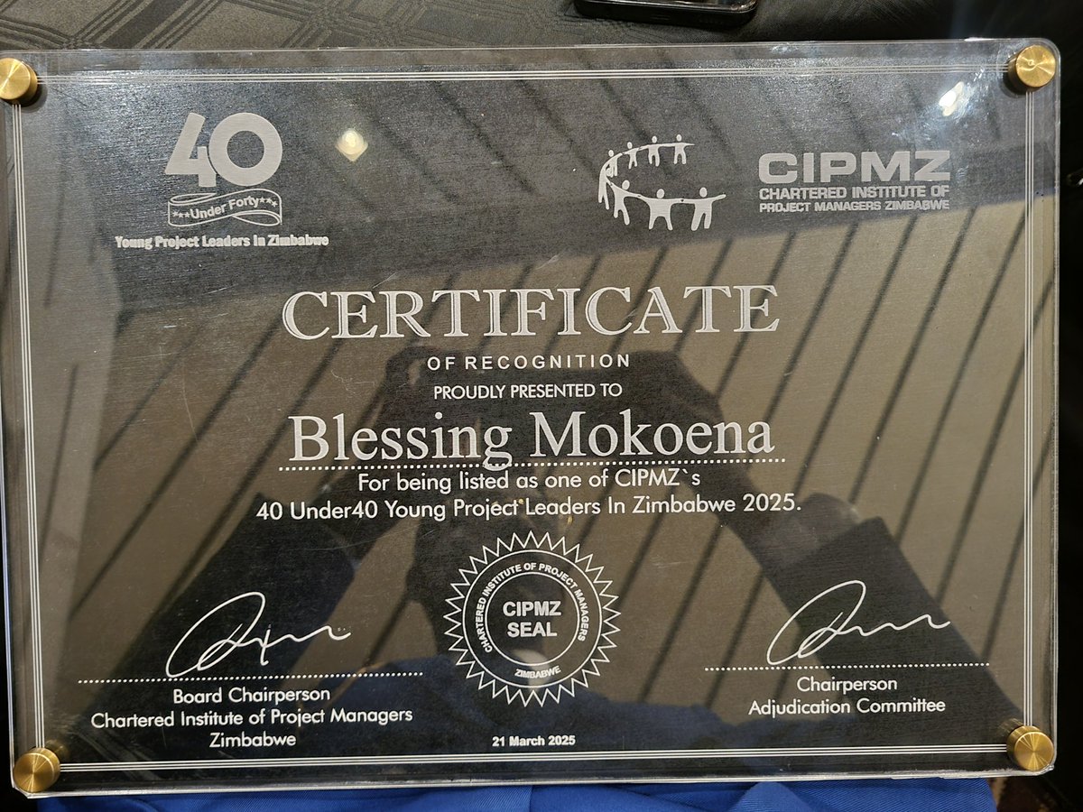 iamBlessingM's tweet photo. "Recognition whispers, humility resonates...be measured in work and not applause... "💯🙏🏽🙌🏾

"40 Under 40" award for Young Project Leaders by the Chartered Institute of Project Managers Zimbabwe. My heart is truly full, grateful to all the amazing people working with me🙏🏽 https://t.co/ulqgb6hg2T