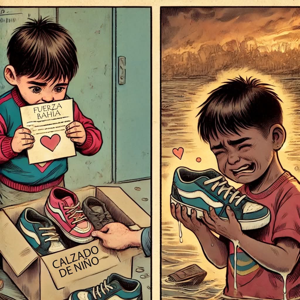 La Zapatilla de Pedro, la Esperanza de Martín

Pedro, un niño de 5 años, miraba sus zapatillas con cariño. No eran nuevas, pero las había cuidado bien. Su mamá le había contado sobre la inundación en Bahía Blanca y cómo muchas familias lo habían perdido todo. Sin dudarlo, corrió