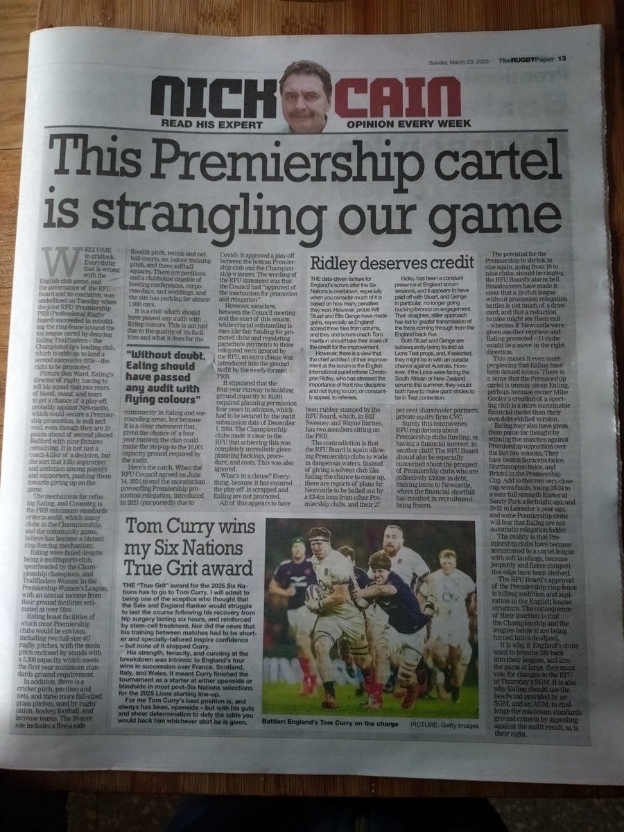If you only read one thing today, make it this. From Nick Cain in the <a href="/TheRugbyPaper/">The Rugby Paper</a> today. Should be in line for an award but unlikely as writes the unpalatable truths.  Required reading by anyone attending the upcoming SGM.