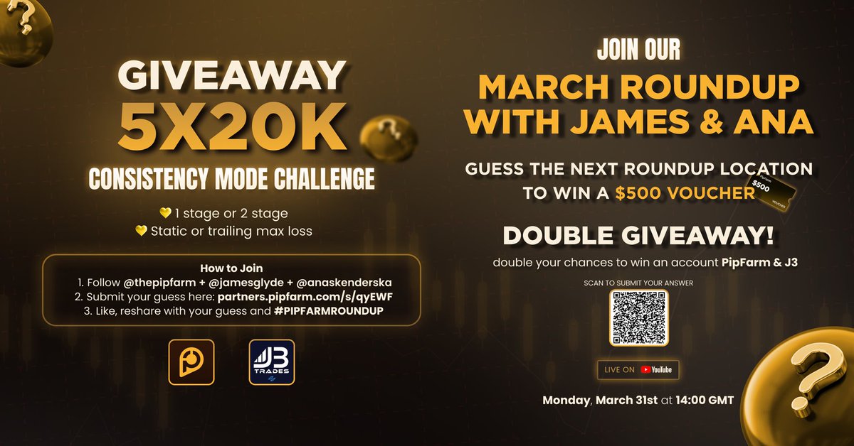 🎁  Double PipFarm Giveaway 🎁

**Prizes: **5x20k Consistency Challenge 1x$500 voucher

Winners announced March 31st.

Follow the instructions 👇