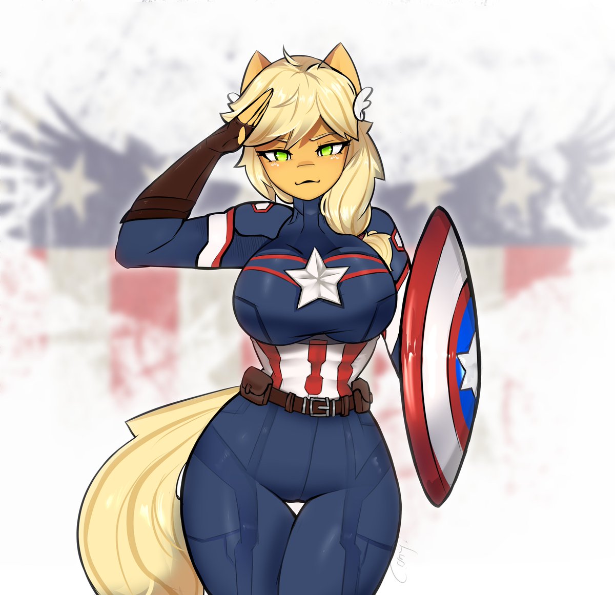 Captain AJ.
this my old art, but why not.
#marvel #pony #mlp #mlpg4 #mylittlepony #aj #appleJackmlp #mlp #sfw #anthro