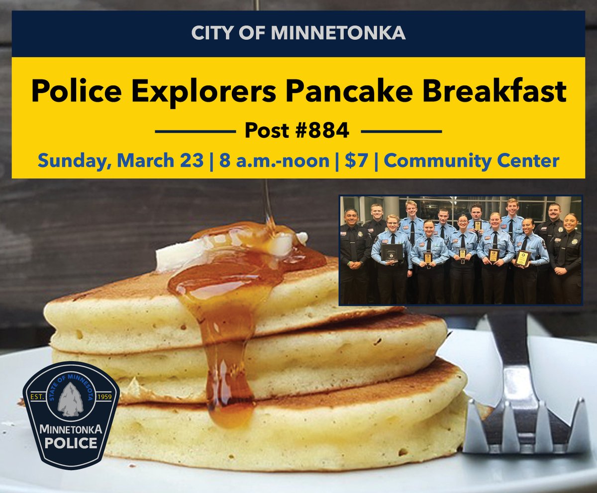 🌞 Rise and shine for a delicious cause! 🥞 

Join us TODAY for the annual Minnetonka Police Explorers pancake breakfast from 8 a.m. to noon at the community center. Enjoy all-you-can-eat pancakes and sausage for just $7/person.