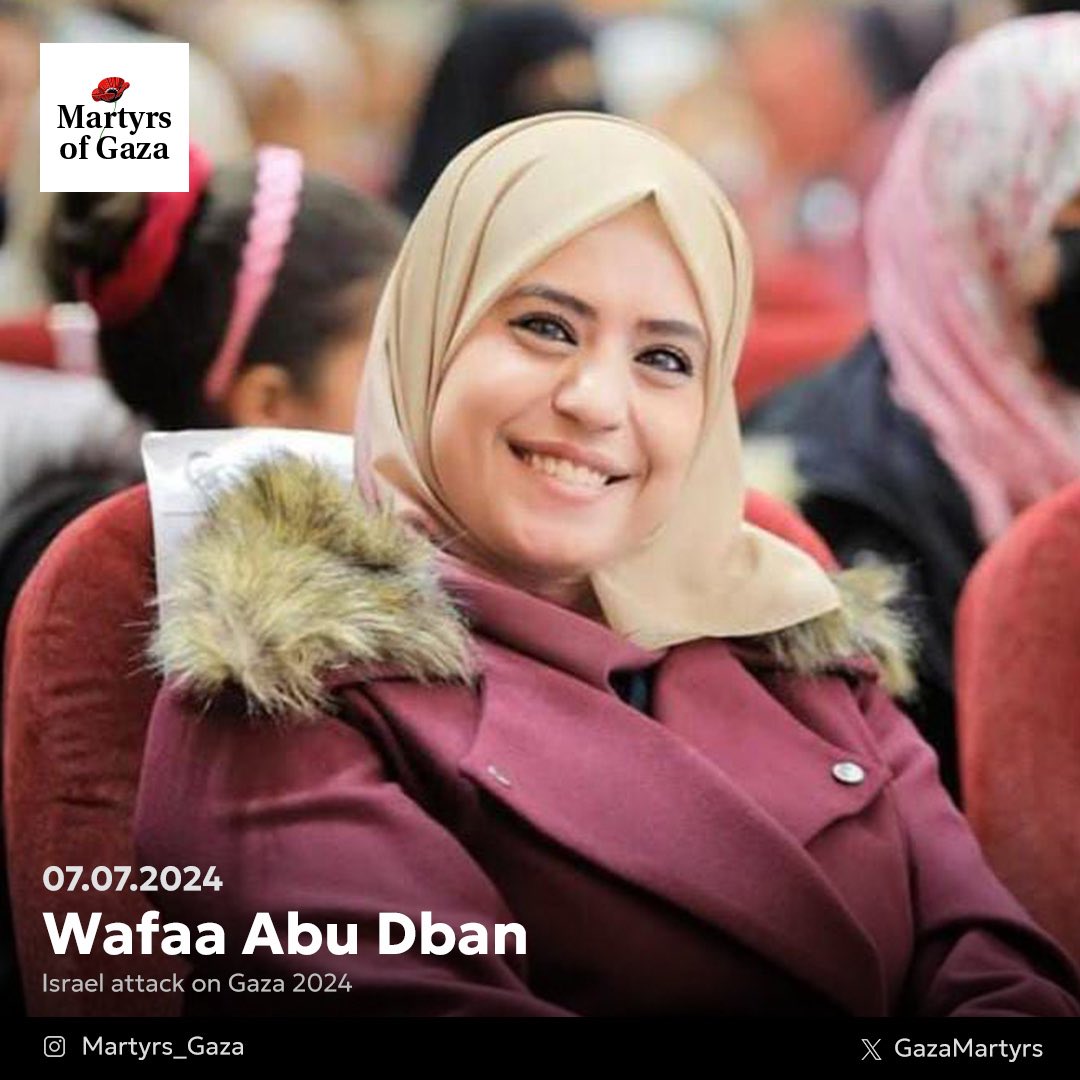 GazaMartyrs's tweet photo. "'I think of you so often. How are you and the kids? Please reassure me.' 

These are the last words I sent my husband before the IOF targeted and martyred me. I am journalist, wife and mother, Wafaa Abu Dban, from Gaza.
 
Even though I’m heavily pregnant, I’m still doing my duty by working as a journalist documenting the occupation's war crimes during the genocide.

Leaving my children in my husband’s care, I venture out to report in the world's most dangerous place for a journalist. Israel has targeted and martyred hundreds of us. On July 7th 2024, I too was martyred by the Israeli occupation force.