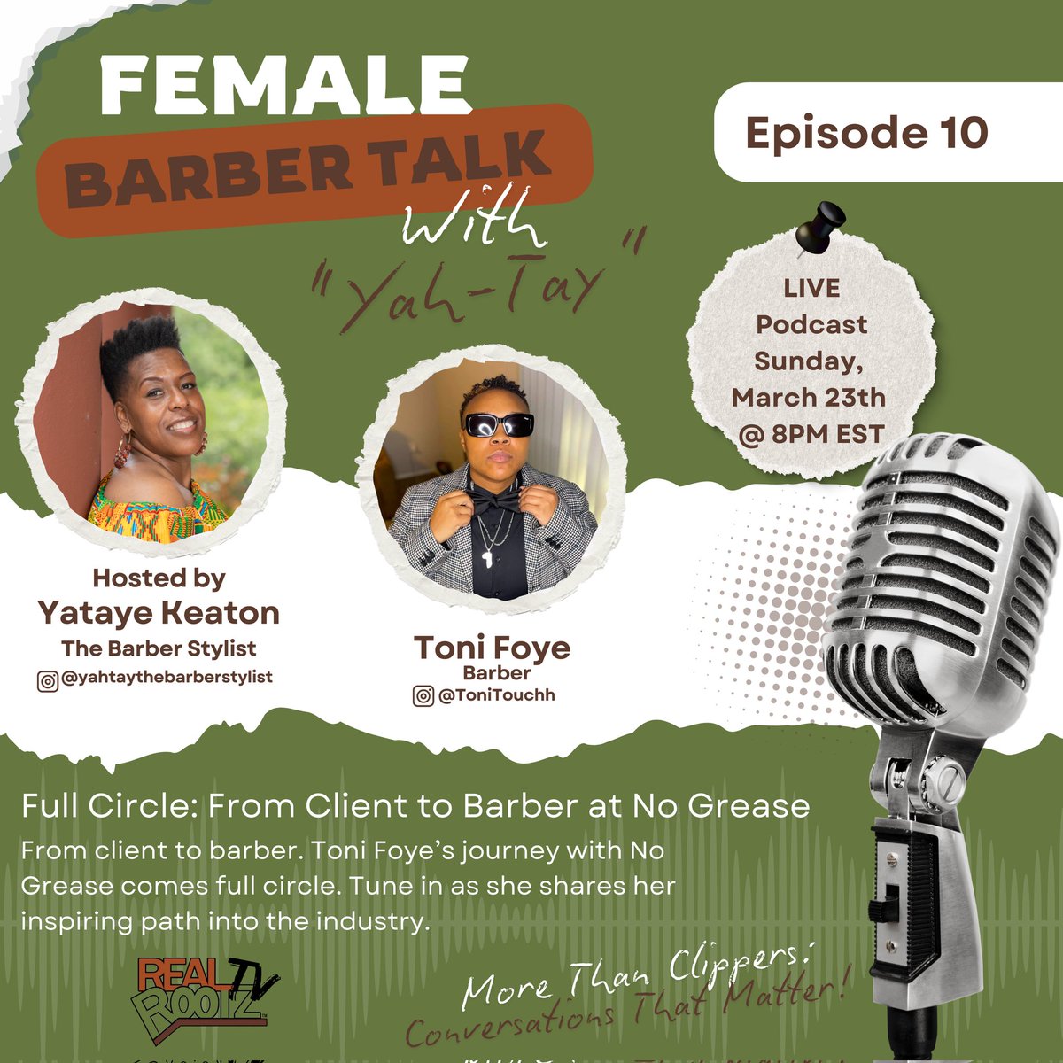 RootzNaturals's tweet image. 🎙️ #FemaleBarberTalk with Yah-Tay welcomes Toni Foye!

Once a client, now a #FemaleBarber at #NoGrease; hear her journey!

📅 Sun, Mar 23 | 8PM EST | #YouTube at #RealRootzTV | FB &amp;amp; IG at #YahTayTheBarberStylist

#BarberLife #MoreThanClippers