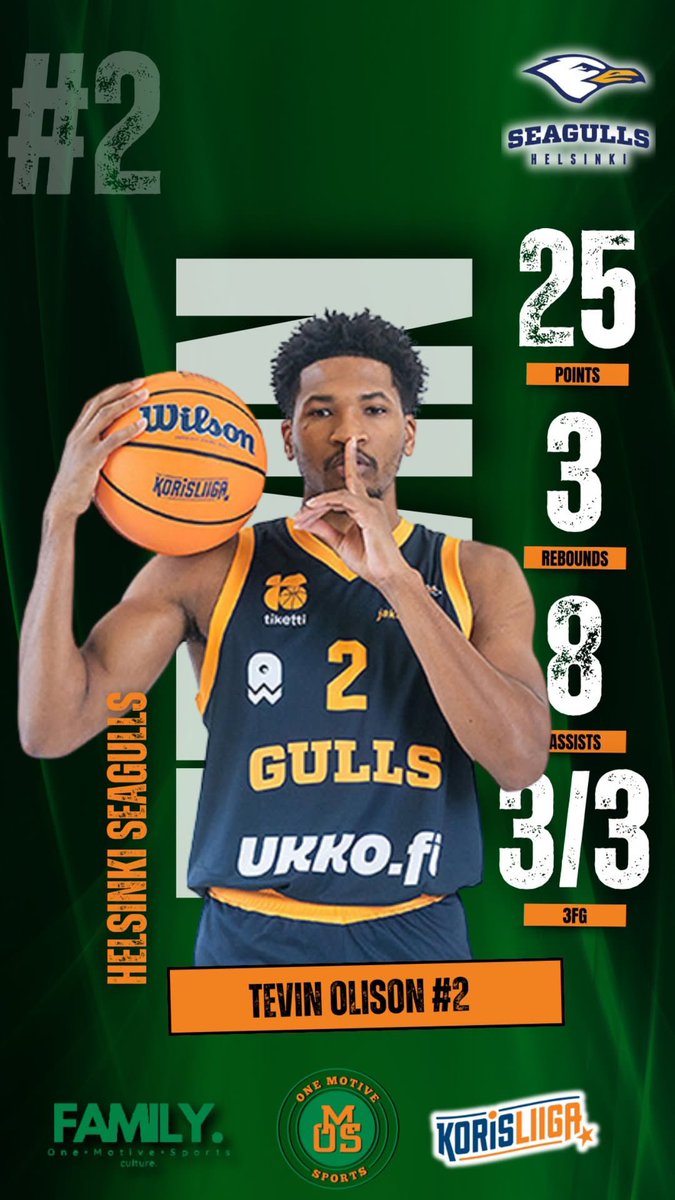 One Motive Sports (@onemotivesports) on Twitter photo Tevin Olison’s <a href="/TevinOlison2/">TËVO ✌🏽</a> terrific season continued yesterday in Game 1 of the Finland Korisliiga Playoffs! The 6’4” SG went for a game high 25 points on 7/10 shooting and 3/3 from 3, 3 rebounds, and 8 assists in Helsinki’s 105-80 win over Kouvot to take a 1-0 lead! #OMS Tevin Olison’s <a href="/TevinOlison2/">TËVO ✌🏽</a> terrific season continued yesterday in Game 1 of the Finland Korisliiga Playoffs! The 6’4” SG went for a game high 25 points on 7/10 shooting and 3/3 from 3, 3 rebounds, and 8 assists in Helsinki’s 105-80 win over Kouvot to take a 1-0 lead! #OMS