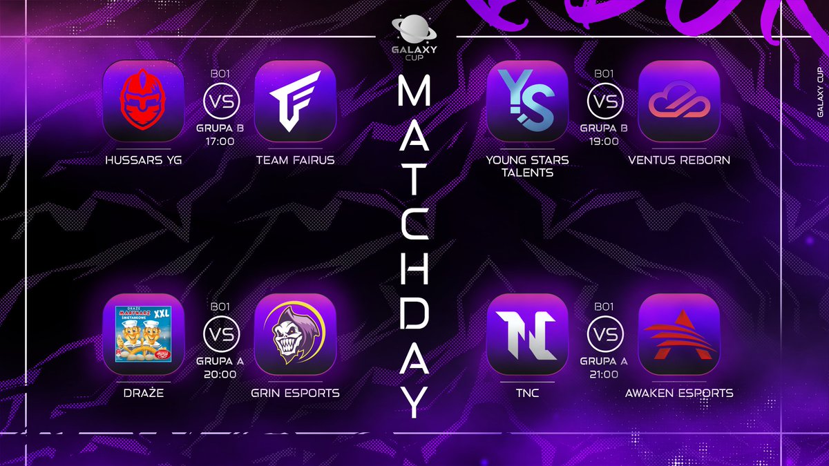 No to dzisiaj niezłe zadanie przede mną🫡 
<a href="/GalaxyCupCS2/">GalaxyCup</a>: 
17:00- <a href="/Hussarsgg/">Hussars</a> vs <a href="/TeamFairus/">Team Fairus</a> 
19:00- YStalents vs Ventus Reborn
20:00- Draże vs <a href="/GRIN_Esports/">GRIN Esports</a> 
21:00- <a href="/TNCesport/">TNCesport</a> vs <a href="/awaken_esport/">Awaken_Esport</a> 

Wszystko u mnie na Twitchu😳 Szykuje sobie monstera i lecimy! 

Twitch/luffastream🔥