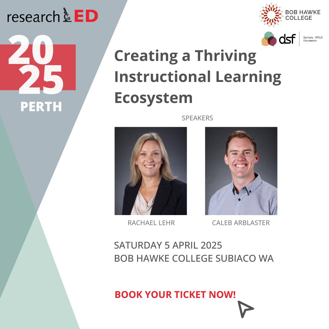 Dyslexia-SPELD (@dyslexiaspeld) on Twitter photo researchED Perth Speaker Announcement!
Rachael Lehr and Caleb Arblaster will outline the WHY, the WHAT and the HOW of creating a thriving instructional learning ecosystem in schools.
Learn more at dsf.net.au/researchED
<a href="/researchED_Aus/">researchED Australia</a> #researchEDPerth researchED Perth Speaker Announcement!
Rachael Lehr and Caleb Arblaster will outline the WHY, the WHAT and the HOW of creating a thriving instructional learning ecosystem in schools.
Learn more at dsf.net.au/researchED
<a href="/researchED_Aus/">researchED Australia</a> #researchEDPerth