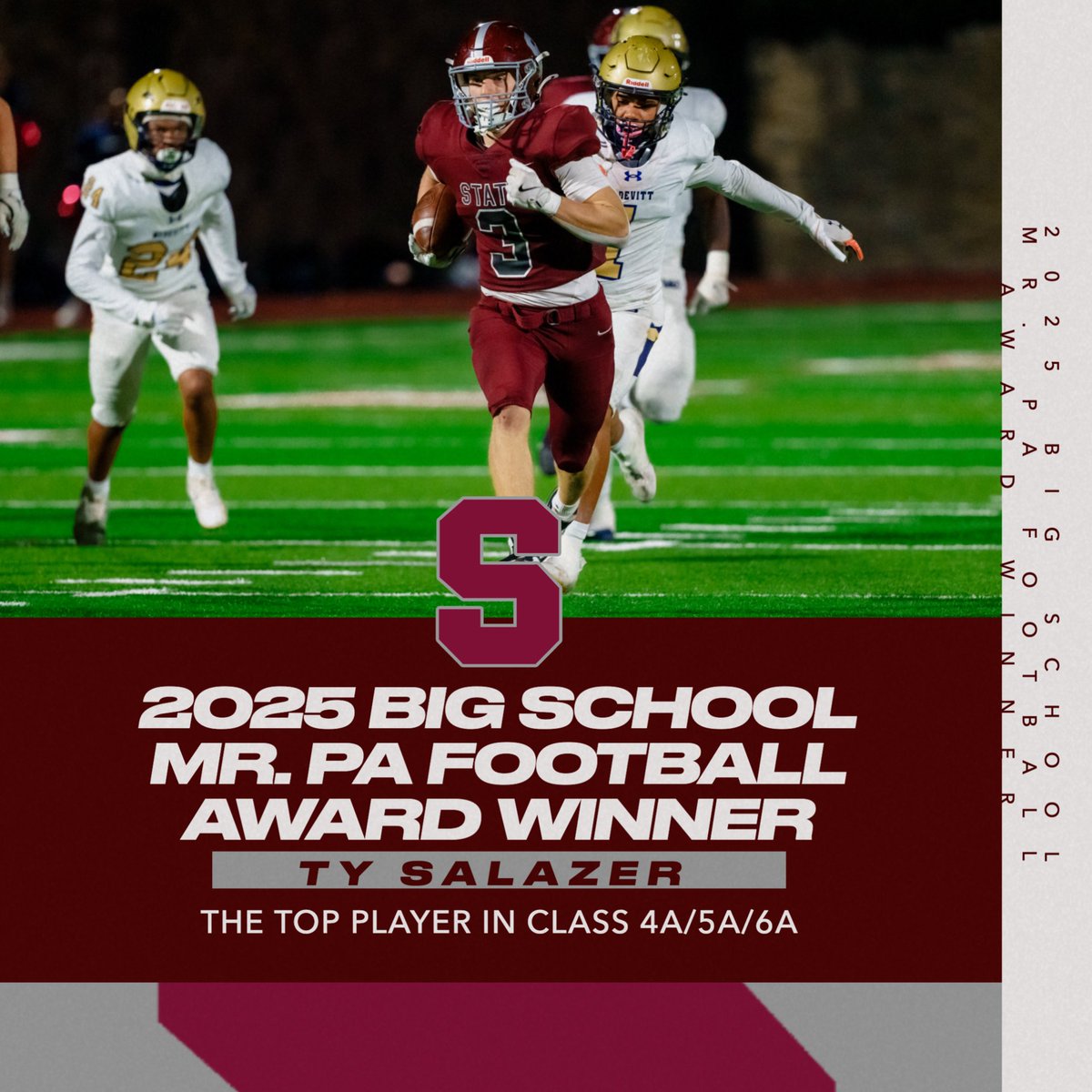 SC Athletics (@scasdathletics) on Twitter photo What a weekend it was for <a href="/TySalazer/">Ty Salazer</a> & <a href="/statehighfball/">State College Football</a> as Ty was the winner of the Big School MR PA Football award, presented to the top player in 4A/5A/6A!!! Ty's legacy continues to grow, & his story is still being written! Congratulations to a true student athlete!
3⃣🦁🏈🏆 What a weekend it was for <a href="/TySalazer/">Ty Salazer</a> & <a href="/statehighfball/">State College Football</a> as Ty was the winner of the Big School MR PA Football award, presented to the top player in 4A/5A/6A!!! Ty's legacy continues to grow, & his story is still being written! Congratulations to a true student athlete!
3⃣🦁🏈🏆