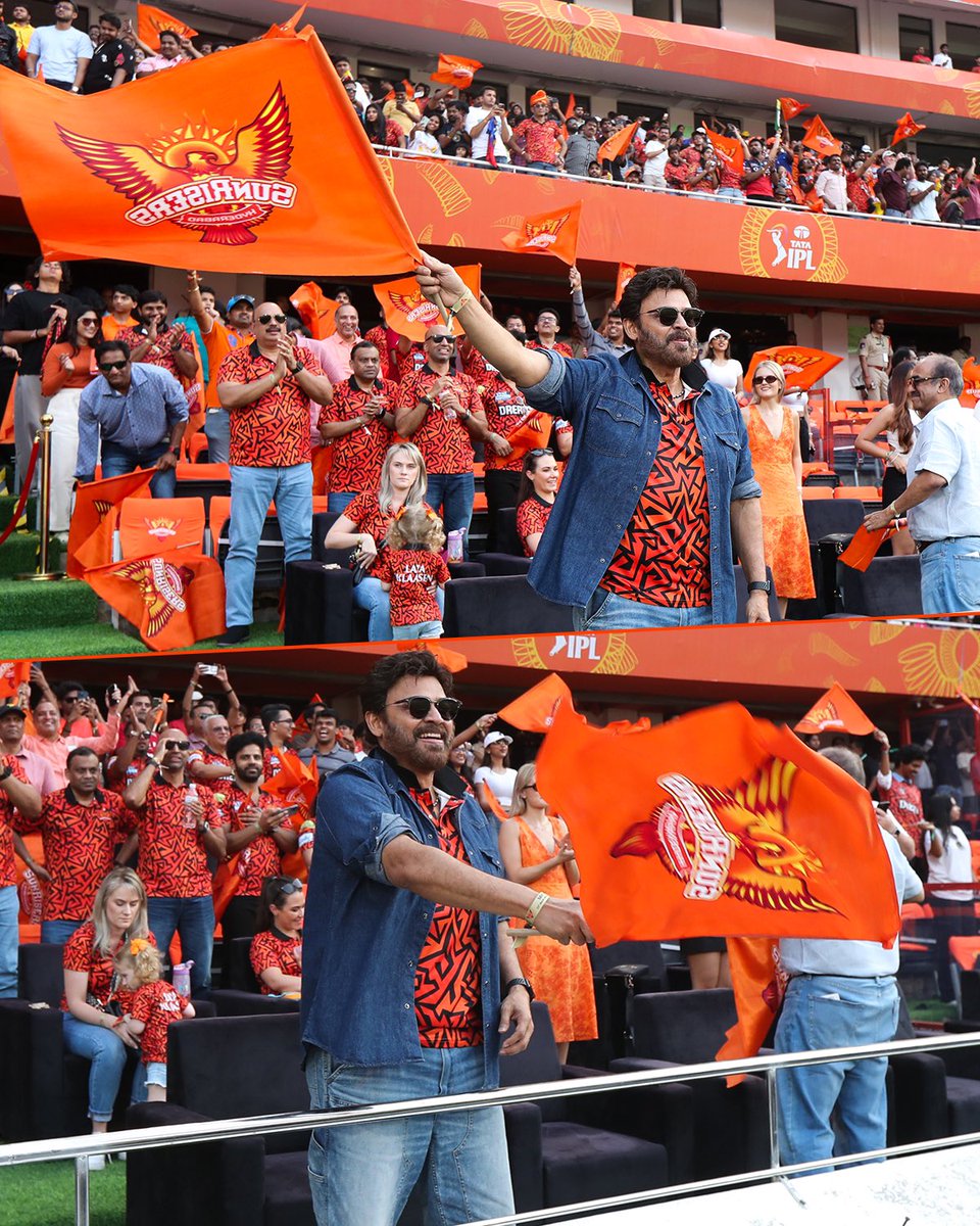 SunRisers's tweet photo. Anytime, Uppal center lo Single handedly support chese our Victory Venkatesh is here 💪🧡

#PlayWithFire | #SRHvRR | #TATAIPL2025 https://t.co/2v4qDKh4bI