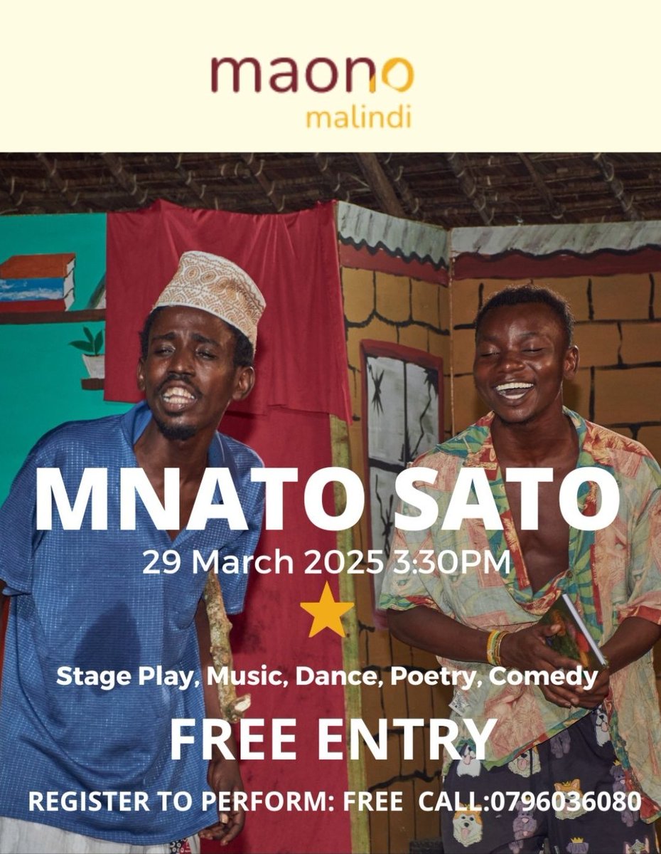 Watu wa Malindi, Watamu, na Kilifi! Mko tayari kwa burudani na kicheko?

Jumamosi, 29th March saa 3:30pm!
Usikose!
#MnatoSato #Njoomaono #Maonospace

Kosa uchekwe!🔥