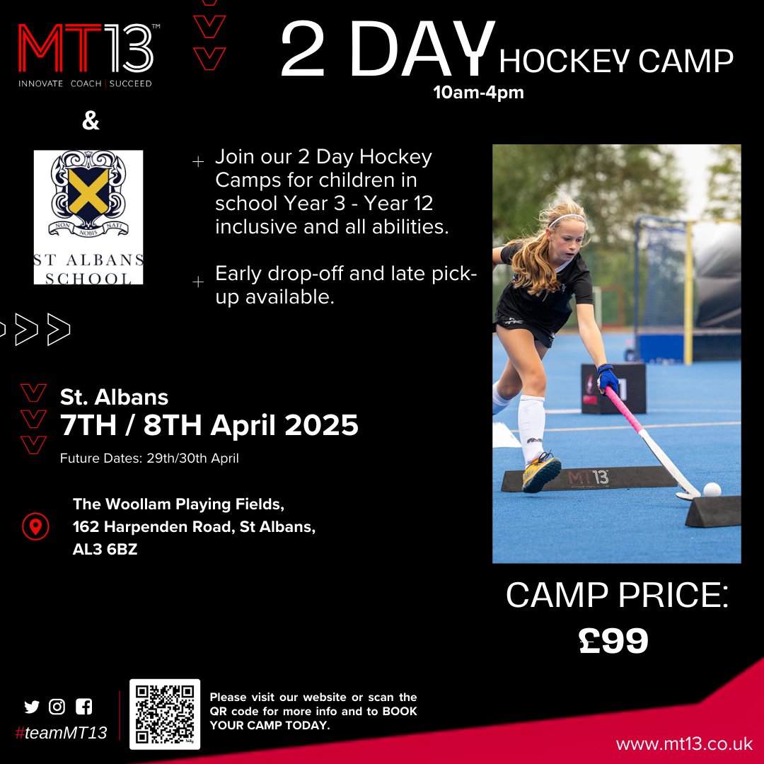 🏑 IGNITE YOUR HOCKEY JOURNEY - MT13 EASTER BREAK CAMP 🏑

Join our 2-day camp at <a href="/SASHertsSport/">@SASHertsSport</a> 
📆 April 7-8, 2025
⏰ 10:00 AM - 4:00 PM
💰 £99 for both days

Elite coaching in a supportive environment. Limited spots!

Visit our website MT13.co.uk
#MT13Camps