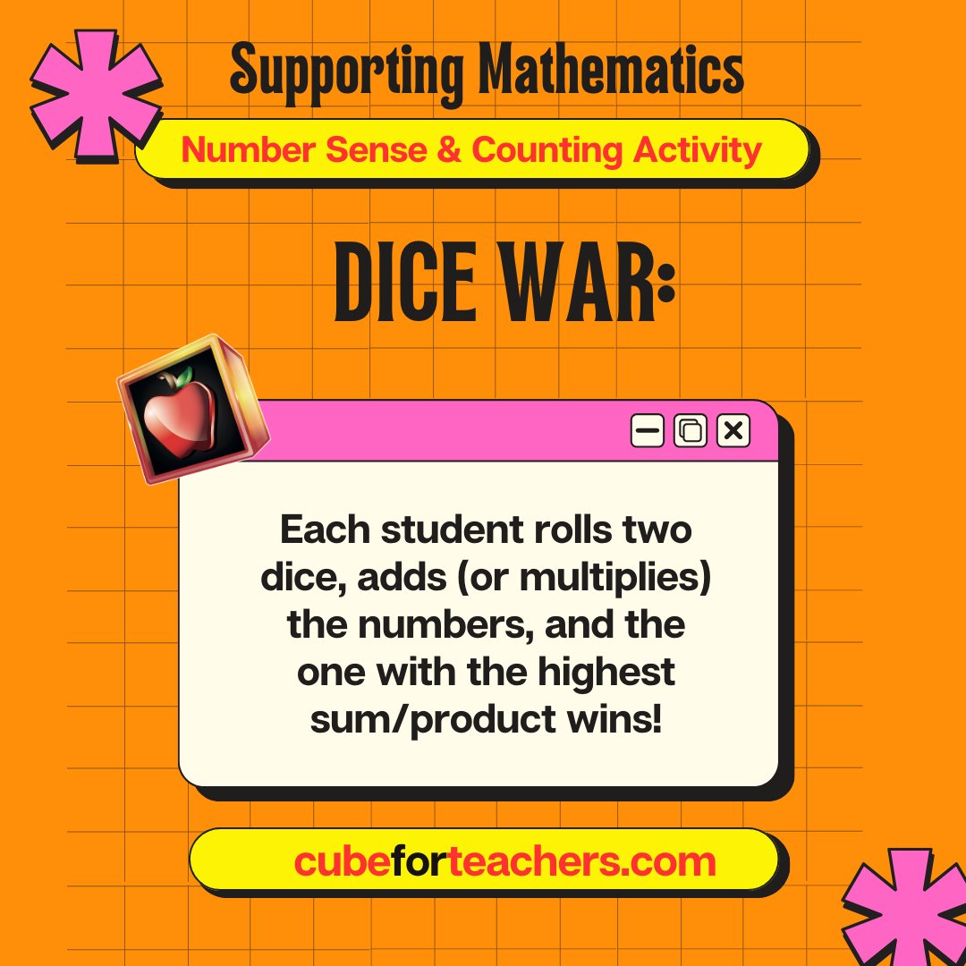 cubeforteachers's tweet image. 🎲 Dice War: A Fun Math Battle! 🎲

Roll the dice, add (or multiply) your numbers and the highest score wins! A simple, engaging way to build math skills with a competitive twist. Who will be the champion? 🏆

#MathGames #DiceWar #FunWithMath #EdTech #TEACHers